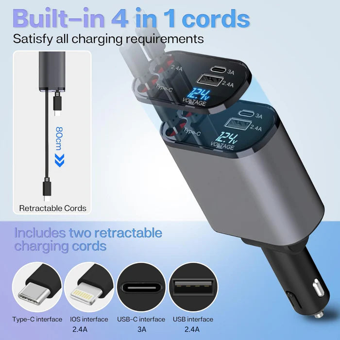 4 IN 1 Retractable Car Phone Charger + Starry Light + Fast Charging