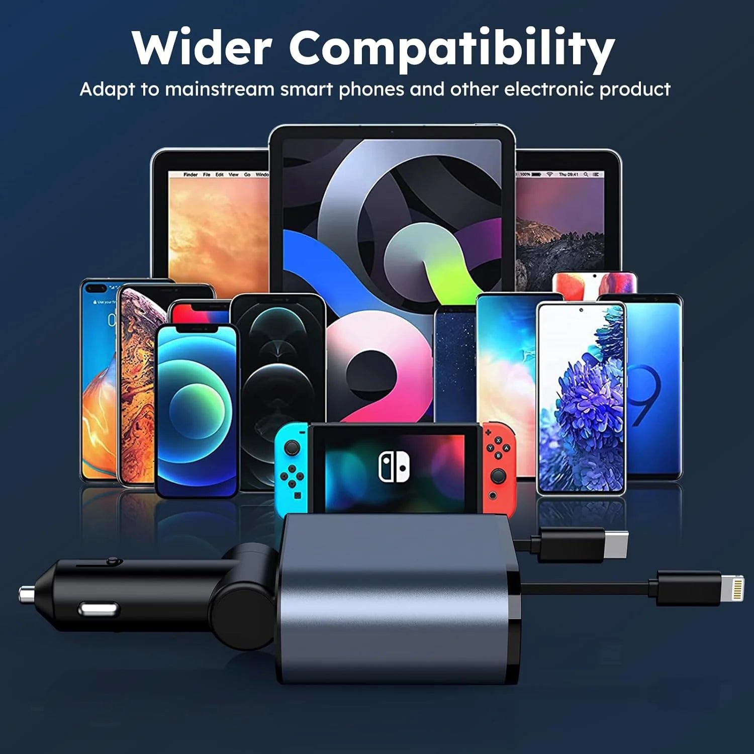 4 IN 1 Retractable Car Phone Charger + Starry Light + Fast Charging