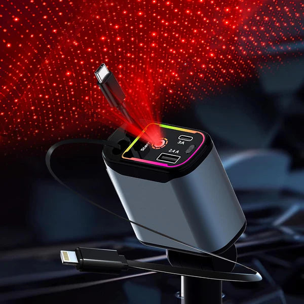 4 IN 1 Retractable Car Phone Charger + Starry Light + Fast Charging
